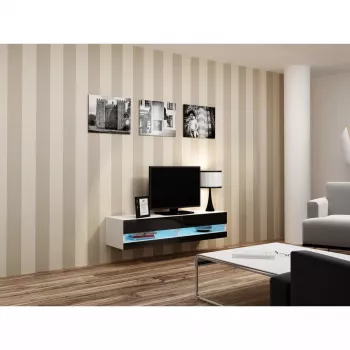TV statīvs Cama Meble VIGO NEW 30/140/40 – 1400×400×300 mm, balta virsma, skaidu plātne, balts rāmis, balts/melns spīdums