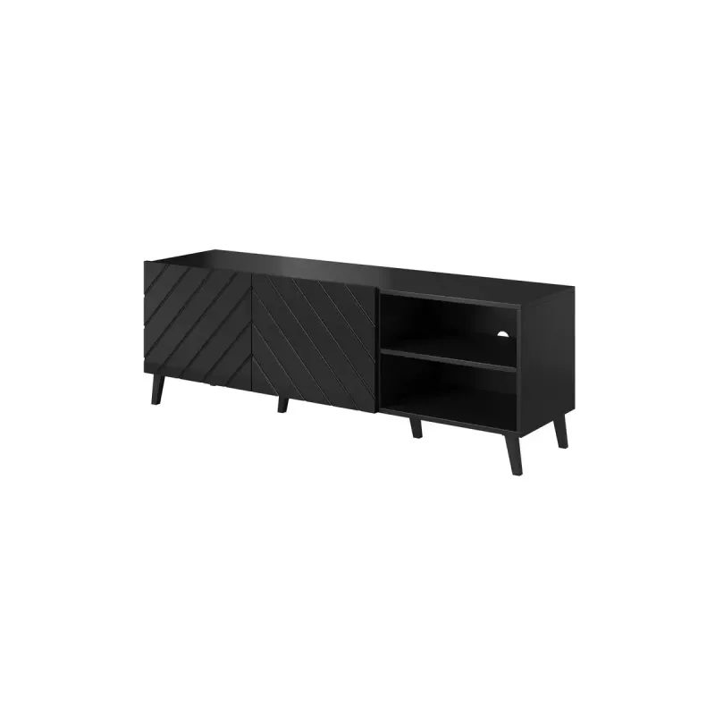 TV skapis ABETO 150x42x52 cm, melns spīdīgs, MDF virsma, melns rāmis
