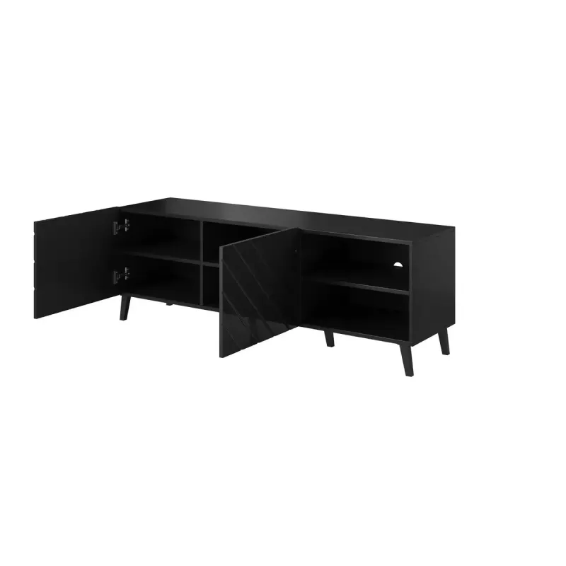 TV skapis ABETO 150x42x52 cm, melns spīdīgs, MDF virsma, melns rāmis