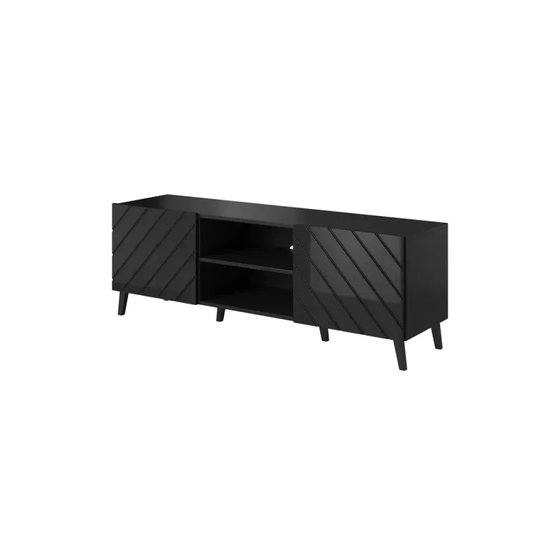 TV skapis ABETO 150x42x52 cm, melns spīdīgs, MDF virsma, melns rāmis