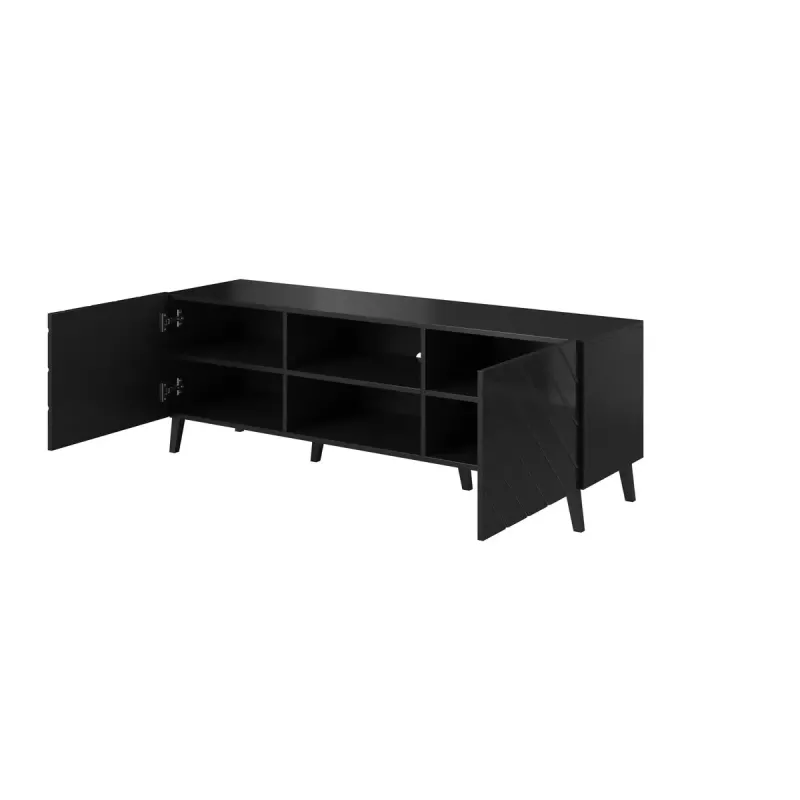 TV skapis ABETO 150x42x52 cm, melns spīdīgs, MDF virsma, melns rāmis