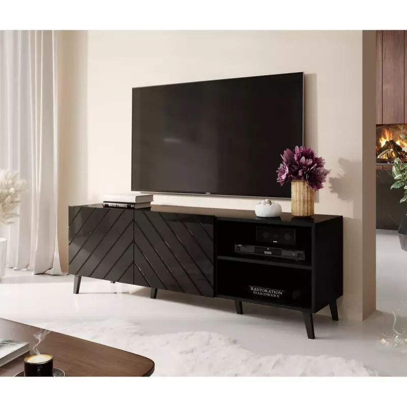 TV skapis ABETO 150x42x52 cm, melns spīdīgs, MDF virsma, melns rāmis