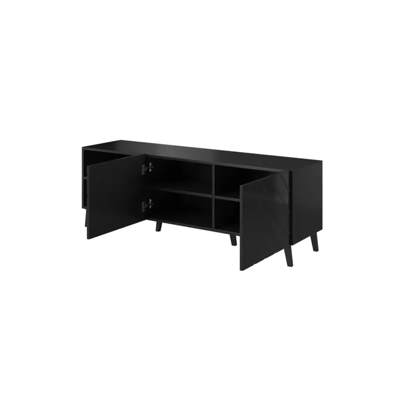 TV skapis ABETO 150x42x52 cm, melns spīdīgs, MDF virsma, melns rāmis