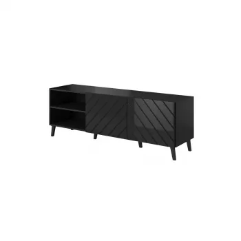 TV skapis ABETO 150x42x52 cm, melns spīdīgs, MDF virsma, melns rāmis