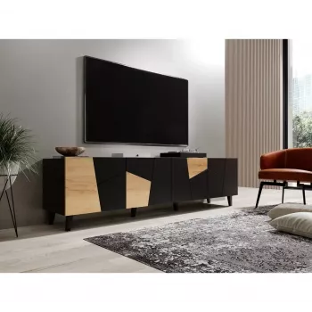TV skapis cama meble ETNA 200×42×52 cm, melna matēta virsma, ozolkoka rāmis