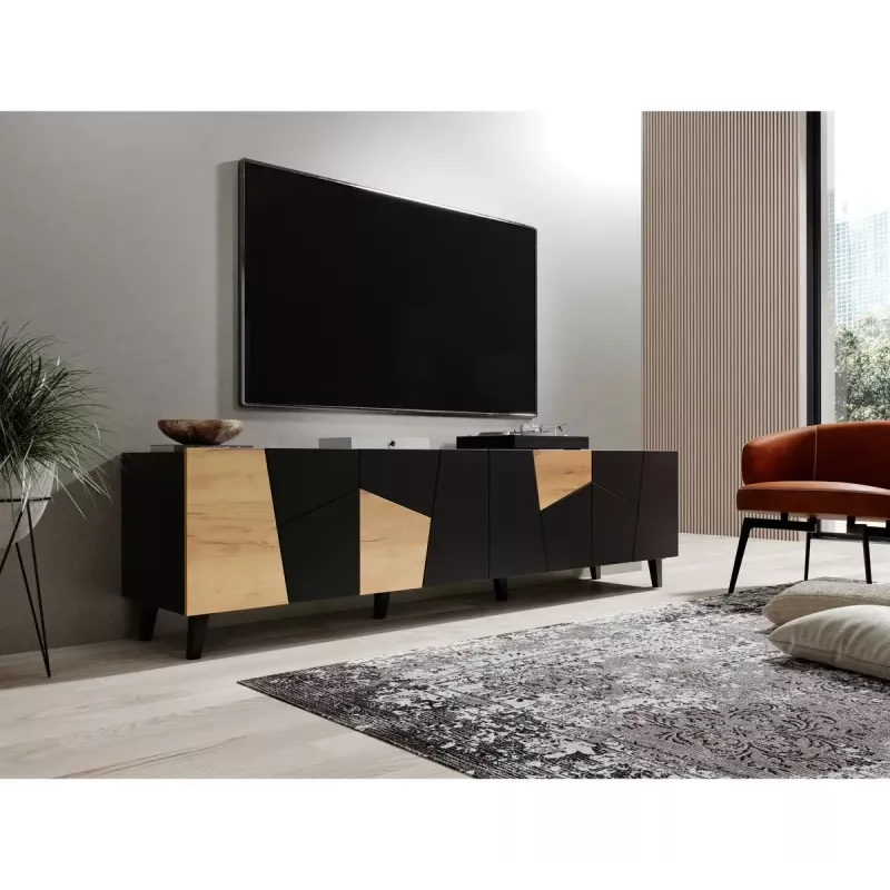 TV skapis cama meble ETNA 200×42×52 cm, melna matēta virsma, ozolkoka rāmis