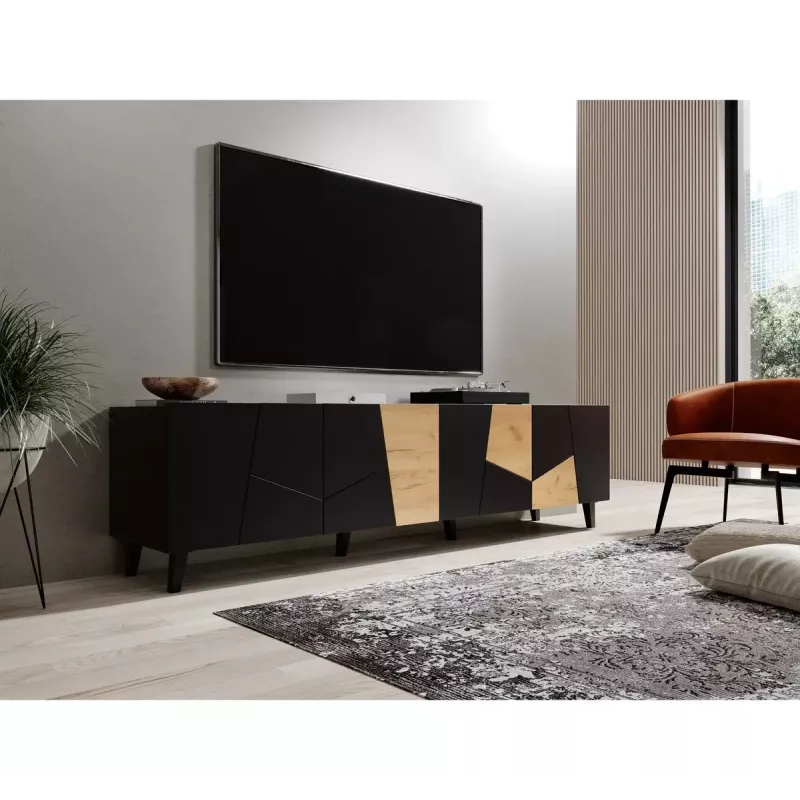 TV skapis cama meble ETNA 200×42×52 cm, melna matēta virsma, ozolkoka rāmis