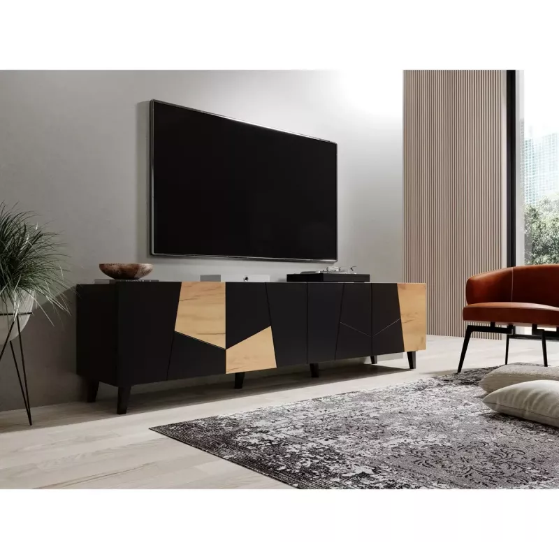 TV skapis cama meble ETNA 200×42×52 cm, melna matēta virsma, ozolkoka rāmis