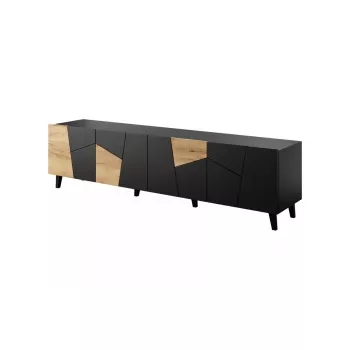 TV skapis cama meble ETNA 200×42×52 cm, melna matēta virsma, ozolkoka rāmis
