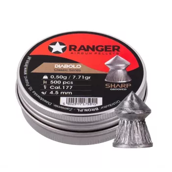 Airgun lodes RANGER CLAS03.45.500 — 4.5 mm diabolo, asa rievota smaile, 500 gab. alumīnija dozatorā