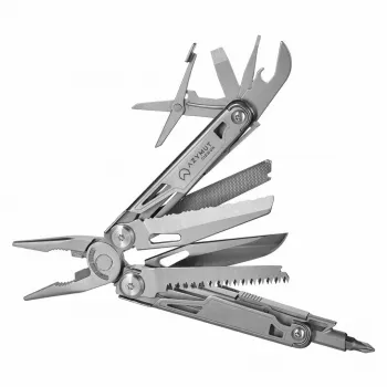 Daudzinstrumentu rīks AZYMUT H2038 pilna izmēra — 14 instrumenti, 16.2 cm atvērts, 10.1 cm salocīts, 264 g, 420/7CR13 tērauds, ādas maciņš