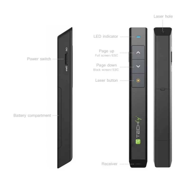 Techly ITC-LASER26 bezvadu prezentācijas rādītājs RF melns