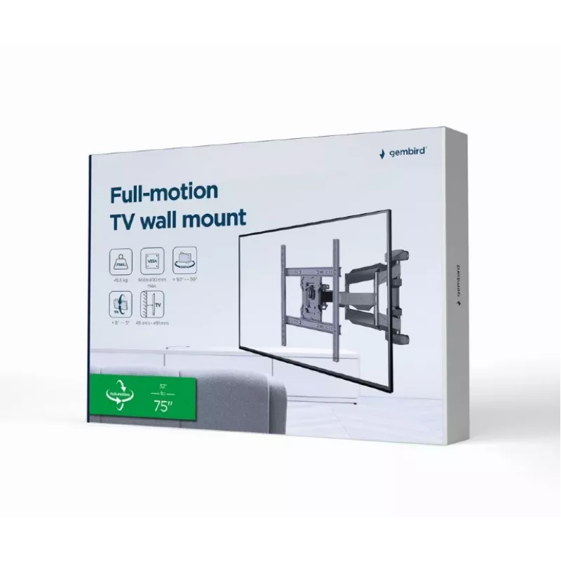 TV sienas stiprinājums Gembird WM-75ST-01 32 inch–75 inch, VESA 600x400, 45.5 kg, regulējams 4.9–49.1 cm, slīpums -5°–8°