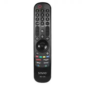 Tālvadības pults SAVIO RC-24 IR bezvadu universāla TV, melna, spiedpogas, darbības rādiuss 10 m, atbalsta 1 ierīci