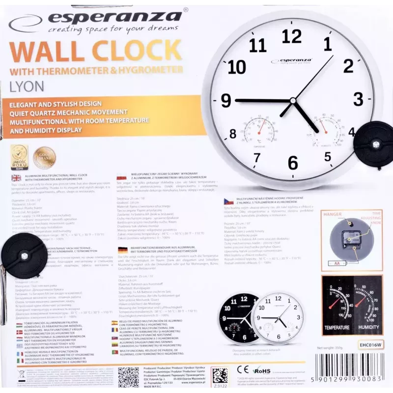 Sienas pulkstenis ESPERANZA EHC016K Lyon Melns, 25 cm diametrs, klusa gaita, stikla pārsegs, plastmasas rāmis