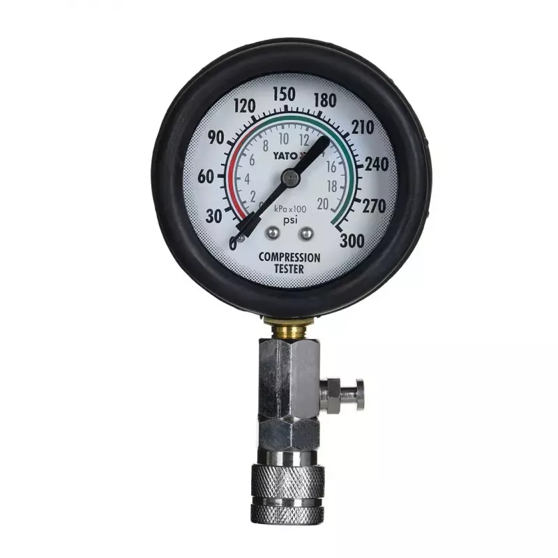 Analogais manometrs YATO YT-73022 0–20 bar, 75 mm ciparnīca, oglekļa tērauds, 0,5 m šļūtene, 4 misiņa adapteri, transporta maciņš