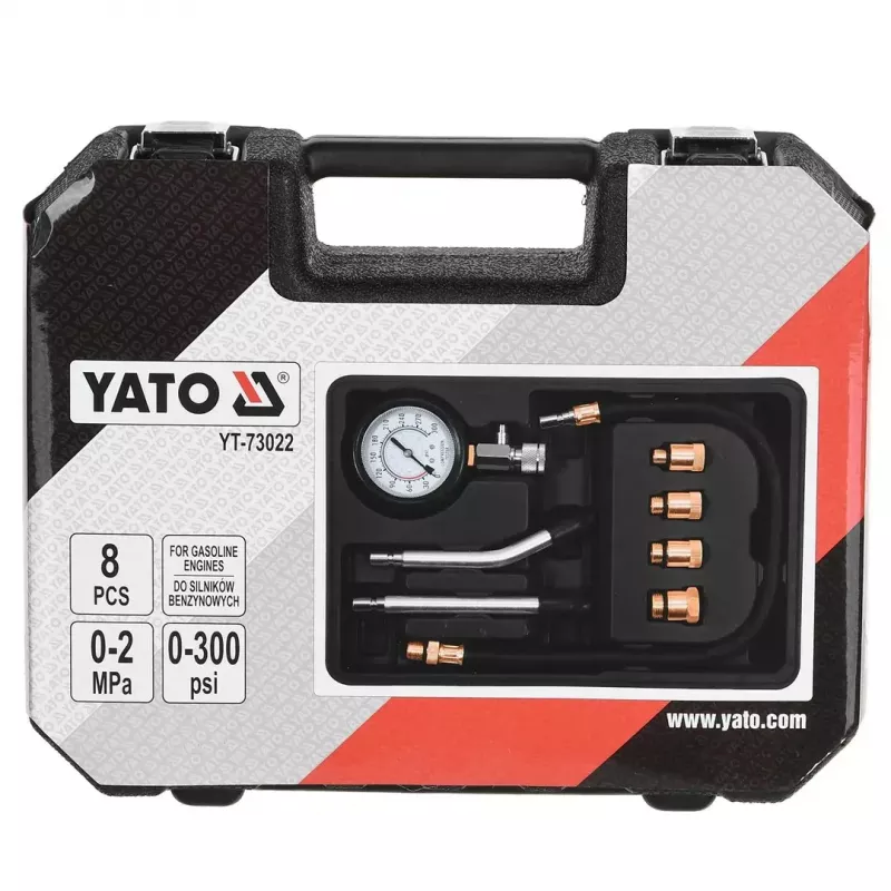 Analogais manometrs YATO YT-73022 0–20 bar, 75 mm ciparnīca, oglekļa tērauds, 0,5 m šļūtene, 4 misiņa adapteri, transporta maciņš