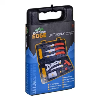 Medību nazis komplektā Outdoor Edge Jaeger Pak 02OE069 ar fiksētu asmeni un medījuma apstrādes instrumentiem