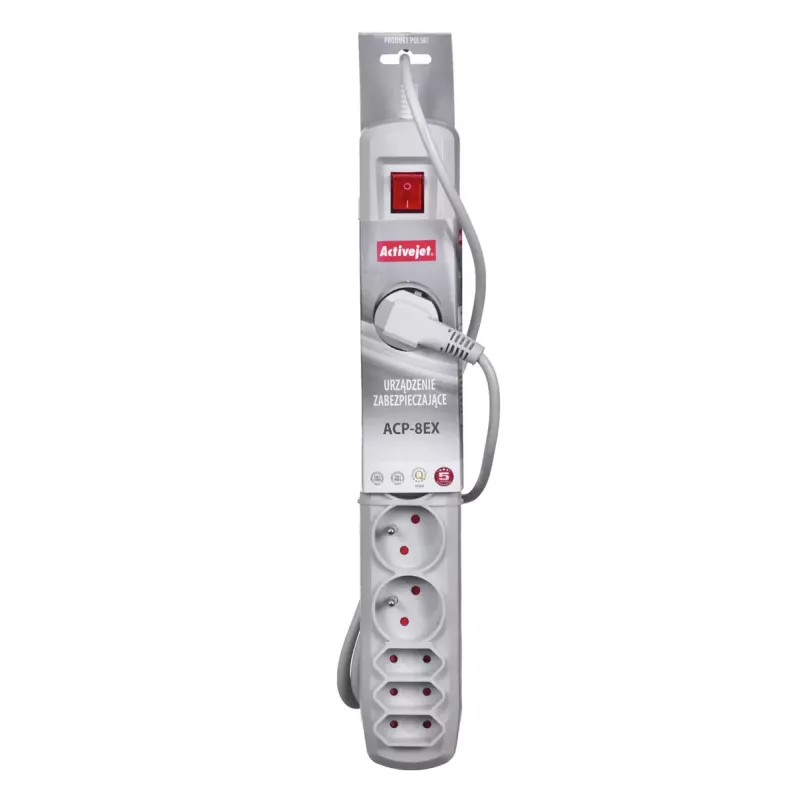 Strāvas pagarinātājs ActiveJet APN-8G/5M-GR — 8 kontaktligzdas (E/C tips), 5 m vads, 10 A, 230 V, pelēks