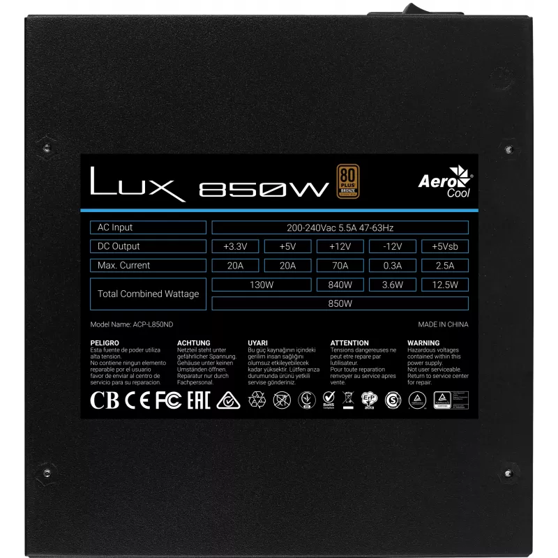 Aerocool LUX850 barošanas bloks 850W 80 Plus Bronze 230V 88% efektivitāte melns