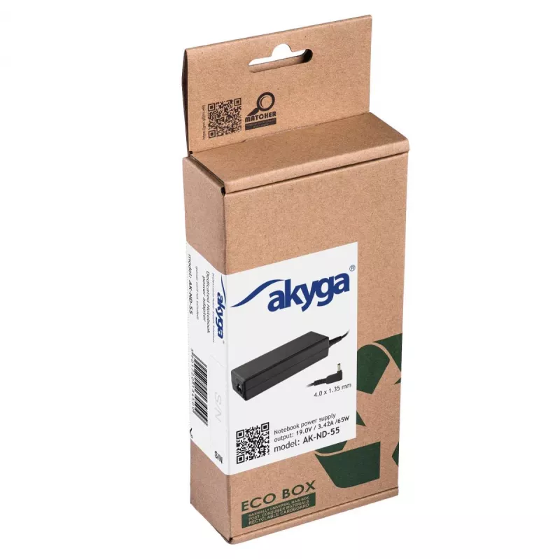 Akyga AK-ND-55 klēpjdatora barošanas adapteris 19 V / 3,42 A, 65 W, 4,0 x 1,35 mm spraudnis, paredzēts Asus