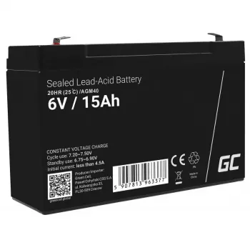 Green Cell AGM40 — VRLA AGM 6V 14Ah akumulators, noslēgts svina-skābes, 94×50×151 mm, 1,8 kg