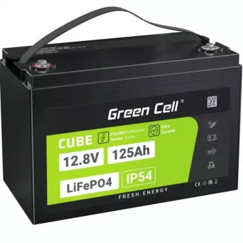 LiFePO4 akumulators Green Cell 12.8V 125Ah — 125 Ah, 12.8 V, 150 A maks. izlāde, 13.5 kg, 340×180×225 mm