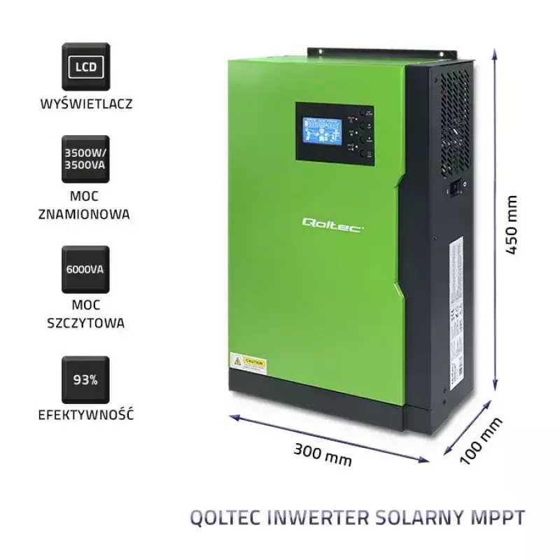 Qoltec 53886 off-grid hibrīdais saules invertors, 3,5 kW, 100 A MPPT, 24 V, tīra sinusoīda