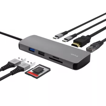 USB-C centrmezgls TRUST 25672 — HDMI, RJ-45, USB 3.2 Gen 1 Type-A/Type-C, SD/MicroSD, pelēks