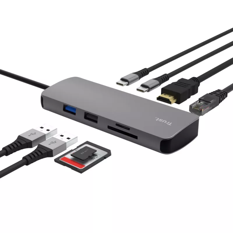 USB-C centrmezgls TRUST 25672 — HDMI, RJ-45, USB 3.2 Gen 1 Type-A/Type-C, SD/MicroSD, pelēks