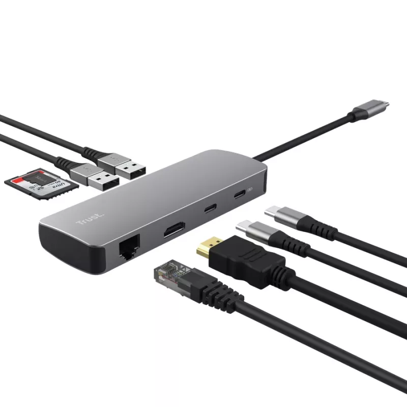 USB-C centrmezgls TRUST 25672 — HDMI, RJ-45, USB 3.2 Gen 1 Type-A/Type-C, SD/MicroSD, pelēks