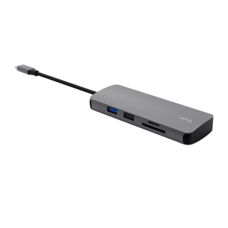 USB-C centrmezgls TRUST 25672 — HDMI, RJ-45, USB 3.2 Gen 1 Type-A/Type-C, SD/MicroSD, pelēks