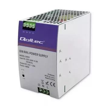 Rūpnieciskais DIN sliedes barošanas bloks QOLTEC 50901 — 480W, 24V līdzstrāva, 20A