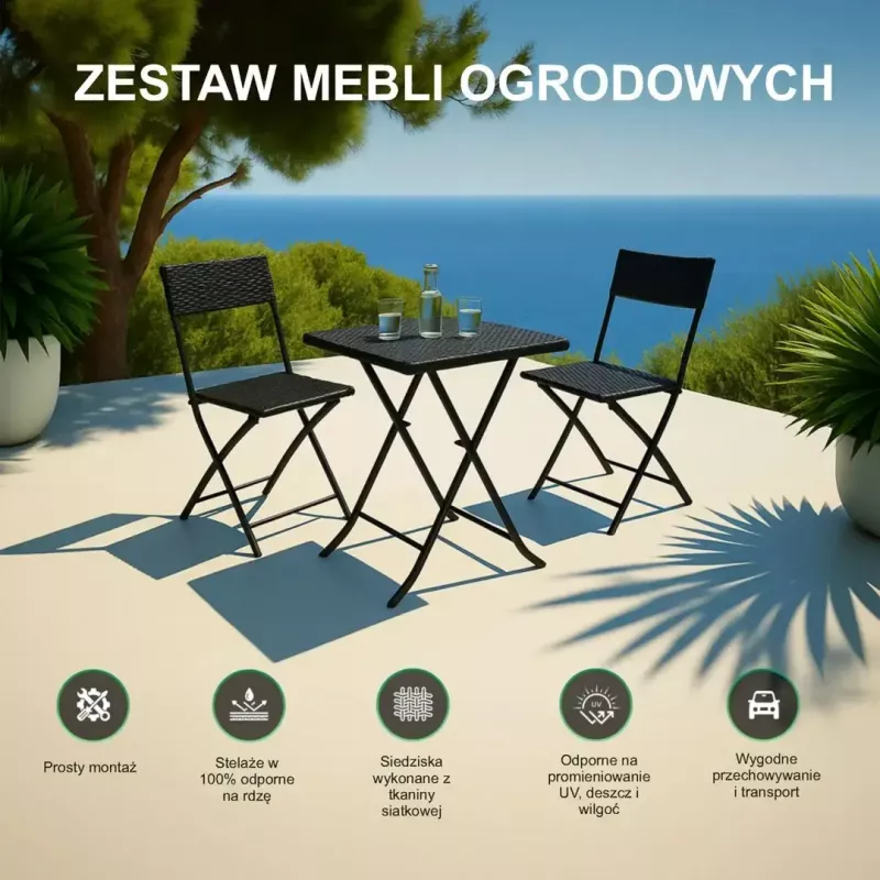 Dārza mēbeļu komplekts Extralink L-0201P — 2 krēsli un melns galds