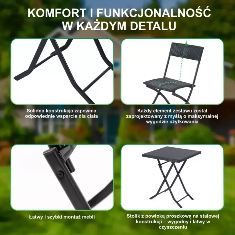 Dārza mēbeļu komplekts Extralink L-0201P — 2 krēsli un melns galds