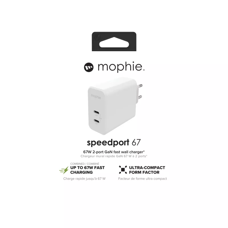 mophie sienas lādētājs USB-C PD DUAL 67W GaN balts EU (2xUSB-C)