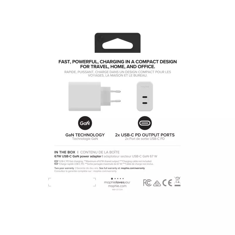 mophie sienas lādētājs USB-C PD DUAL 67W GaN balts EU (2xUSB-C)