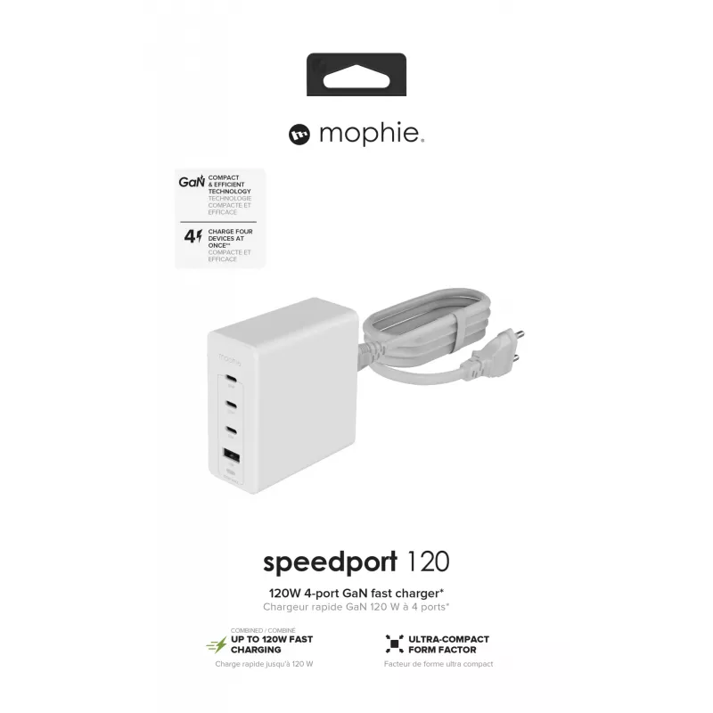 mophie Speedport 120 sienas lādētājs – 120W GaN USB-C PD HUB (3x USB-C + 1x USB-A) balts, EU