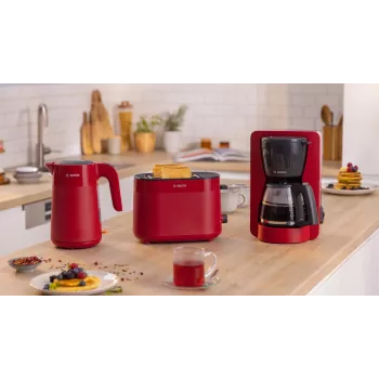 Toasteris Bosch TAT2M124 — 2 šķēles 950 W, sarkans, maizes centrēšana, atkausēšana, pacelšana