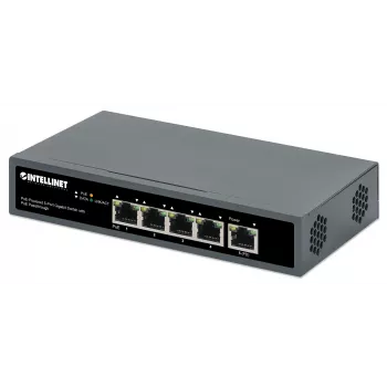 Intellinet 5-Portu Gigabit Slēdzis ar PoE Caurlaidi, Viens IEEE 802.3bt (PoE++ / 4PPoE) PD PoE Ports ar 95 W Jaudas Ieju, Četri PSE PoE Porti, PoE Jaudas Budžets līdz 65 W, IEEE 802.3at/af Atbilstoša Izeja, Galda, Sienas Montāža