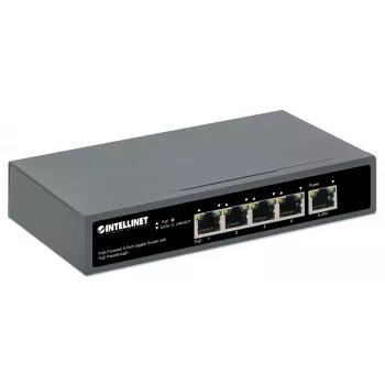 Intellinet 5-Portu Gigabit Slēdzis ar PoE Caurlaidi, Viens IEEE 802.3bt (PoE++ / 4PPoE) PD PoE Ports ar 95 W Jaudas Ieju, Četri PSE PoE Porti, PoE Jaudas Budžets līdz 65 W, IEEE 802.3at/af Atbilstoša Izeja, Galda, Sienas Montāža