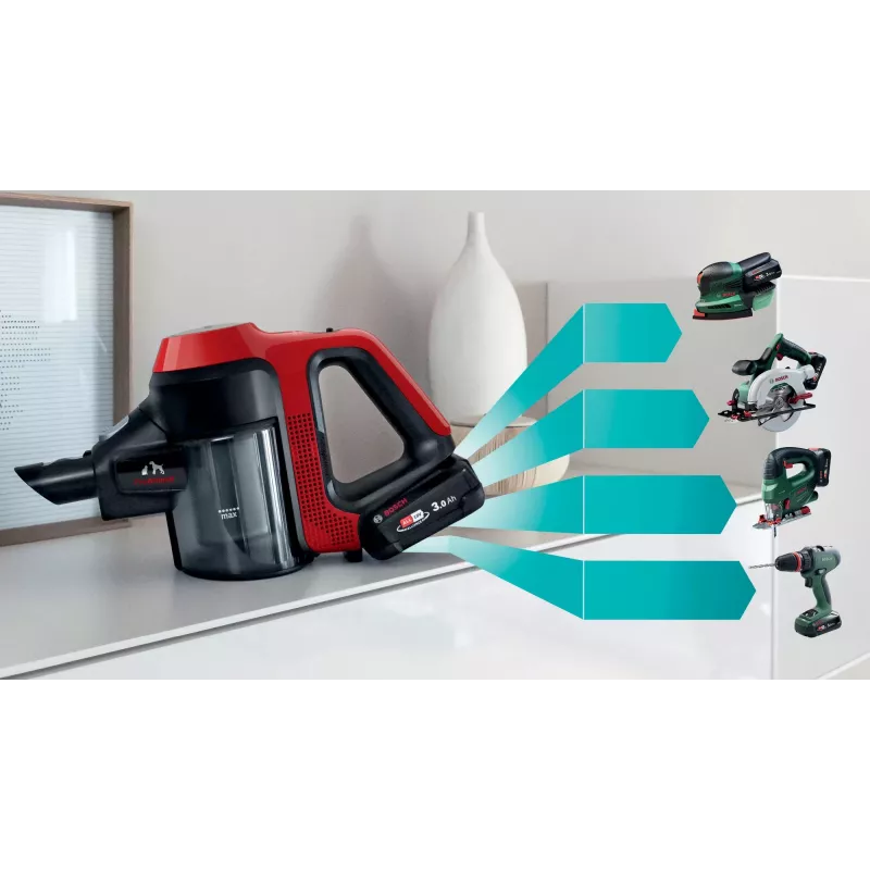 Bosch BBS711ANM bezvadu slotas putekļsūcējs, sauss, bez maisa, 0.3 L, melns/sarkans/nerūsējošs tērauds