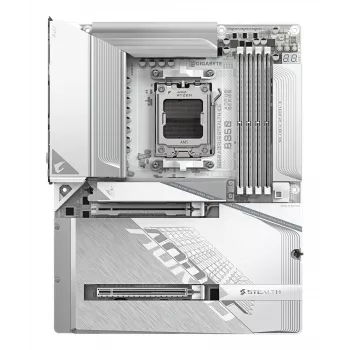 GIGABYTE B850 AORUS STEALTH ICE ATX mātesplate AMD Socket AM5 — B850, 14+2+2 VRM, DDR5 līdz 8200MHz (OC), 2×PCIe5, 2×PCIe4 M.2, Wi‑Fi 7, 5GbE