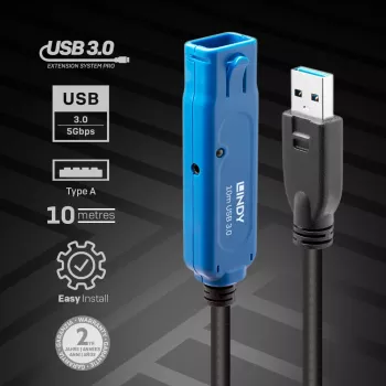 Lindy 8m USB 3.0 Active Extension Pro pagarinājuma kabelis, 8 m, USB A, USB A, USB 3.2 Gen 1 (3.1 Gen 1), 5 Gbit/s, Melns