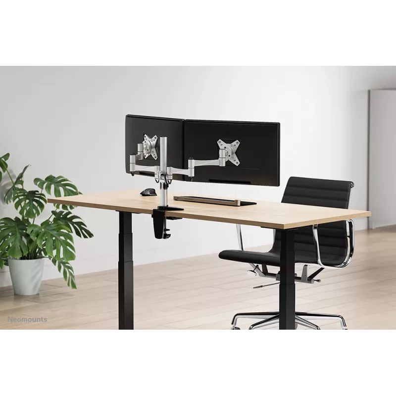Neomounts FPMA-D1330DSILVER kustīgs galda stiprinājums 2 monitoriem, 10-27 collas (25,4-69 cm), skava/atvere, līdz 18 kg, sudraba krāsā
