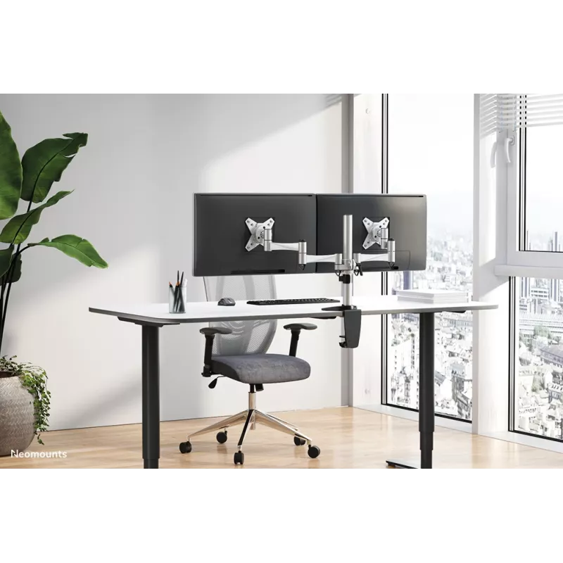 Neomounts FPMA-D1330DSILVER kustīgs galda stiprinājums 2 monitoriem, 10-27 collas (25,4-69 cm), skava/atvere, līdz 18 kg, sudraba krāsā