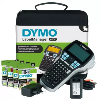 DYMO LabelManager 420P portatīvais etiķešu printeris ar uzlādējamu akumulatoru, ABC tastatūru, 4 D1 lentes ruļļiem un somu
