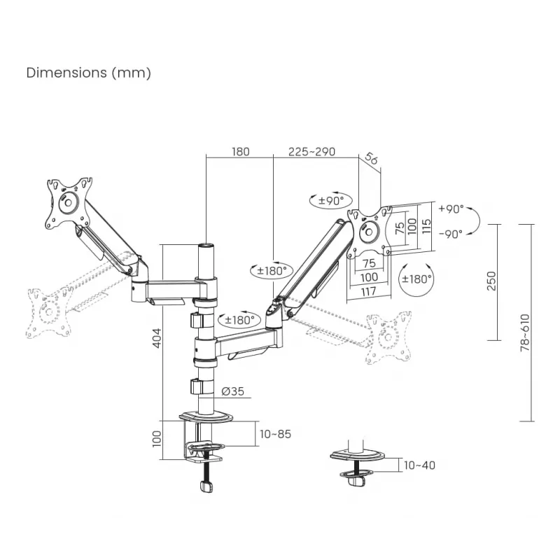 Gembird MA-DA2P-02 monitoru statnis 2 ekrāniem, līdz 81.3 cm (32 inch), VESA 75x75–100x100, max 9 kg katram, skava/caurums, melns