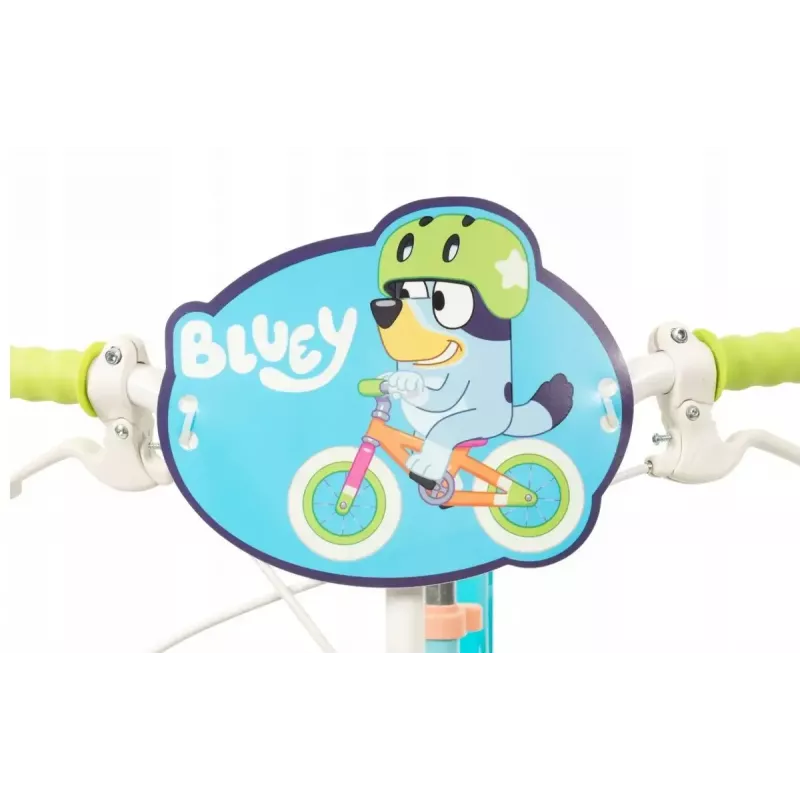Bērnu velosipēds Toimsa Bluey 12 collas — zils un laims, priekšējās un aizmugurējās bremzes, sānu riteņi