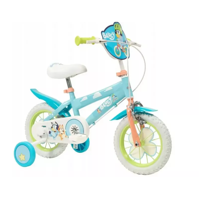 Bērnu velosipēds Toimsa Bluey 12 collas — zils un laims, priekšējās un aizmugurējās bremzes, sānu riteņi